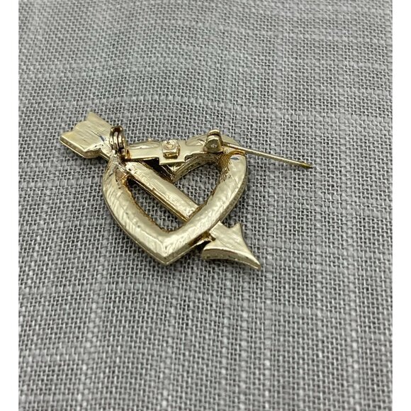 Gold Tone Red Clear Rhinestones Heart Arrow 2" Brooch - Picture 5 of 8